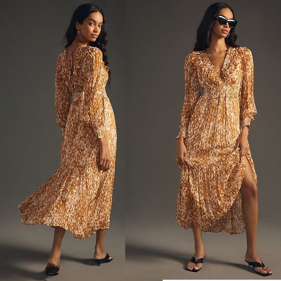 Anthropologie Dresses & Skirts - Anthropologie The Odetta Ruffled V-Neck Dress size S honey color new